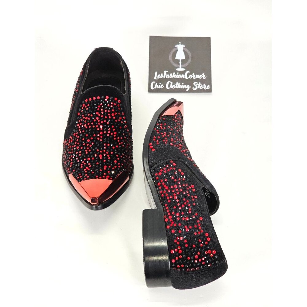 Bolano Men's Red/Black Leather Desta Dress Shoes Rhinestone Loafers Sz 7.5 1802 - Picture 10 of 16